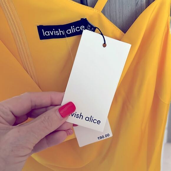 NWT $190 LAVISH ALICE yellow Emma dress cowl neck wrap slit front midi U… - Picture 6 of 9